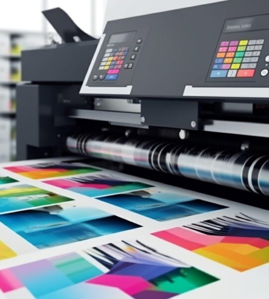 Modern printing press produces multi colored printouts accurately generated by AI Modern printing press produces multi colored printouts accurately generated by artificial intelligence